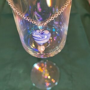 Dark&light Blue glass heart & fresh water pearl on a 20 inch silver plated chain